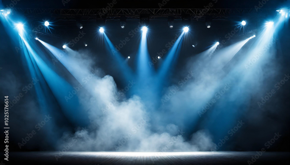 Poster stunning stage lighting with blue beams and fog creating a dramatic atmosphere in a performance spac