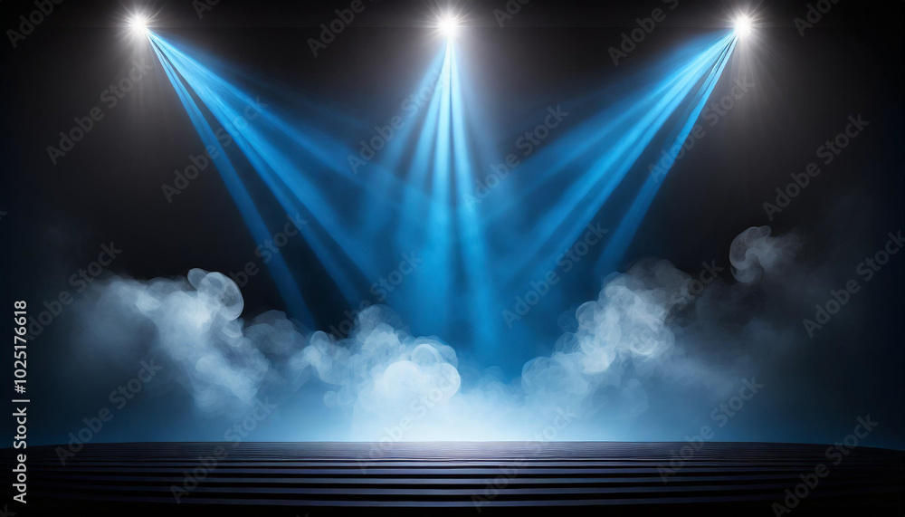 Poster dramatic blue stage lighting with fog creating an atmospheric performance setting during a nighttime