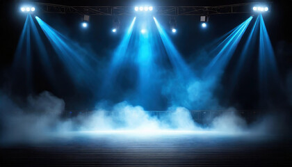 Mysterious stage illuminated by blue and white lights with smoke in a dimly lit performance venue at night