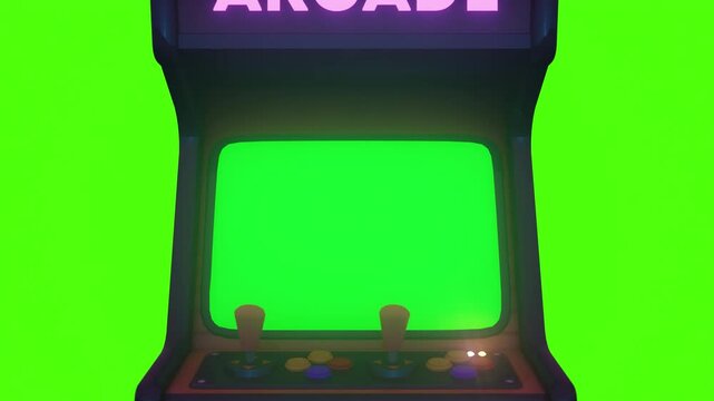 Retro Arcade Machine. Glowing Arcade Machine with green screen. Zoom In