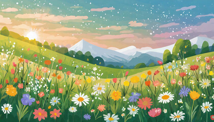 A blooming meadow at sunrise with colorful flowers and majestic mountains in the background