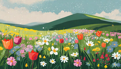 Vibrant wildflower meadow under a blue sky with rolling hills in the background during a sunny day