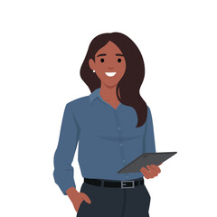 Young business woman holding a device in her hand. Flat vector illustration isolated on white background