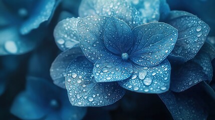   A zoomed-in photo of a blue blossom adorned with raindrops and a leaf in front