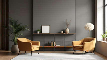 A chic and modern salon interior featuring a shelf with stylish accessories, comfortable armchairs, and sleek décor elements,