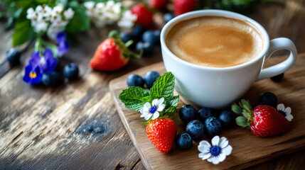 Freshly brewed coffee served with strawberries, blueberries, and flowers on a wooden table in a cozy setting