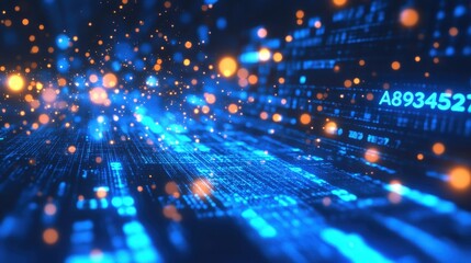 Obraz premium A binary code background with blue bokeh lights, a data technology and internet concept