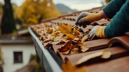 A person cleaning leaves from a roof gutter during autumn, emphasizing seasonal roof maintenance.
