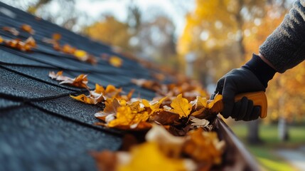 A person cleaning leaves from a roof gutter during autumn, emphasizing seasonal roof maintenance.
