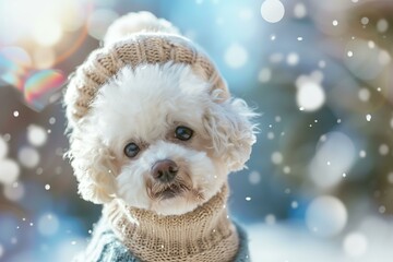 white bichon frise wearing a pastel color knit sweater and hat, sunny snowy bokeh background