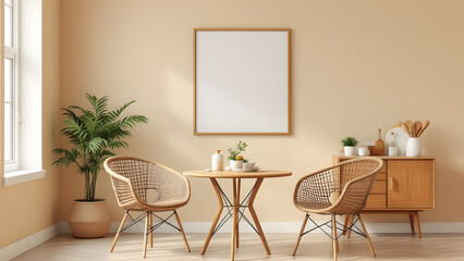 Modern dining room showcases a round table, a rattan chair, a wooden commode, kitchen accessories, and a mock-up poster on a beige wall,
