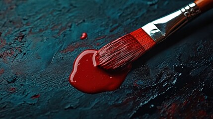 A red paintbrush with red paint on a dark background, in close-up. A close-up of the brush and a...