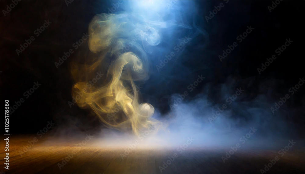 Poster ethereal smoke swirling in a dimly lit space, creating a mystical atmosphere with contrasting colors