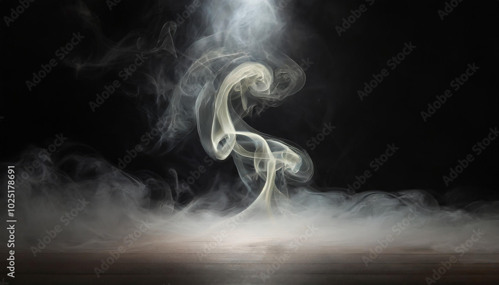 Poster ethereal swirls of smoke create mesmerizing patterns against a dark background in a quiet, dimly lit
