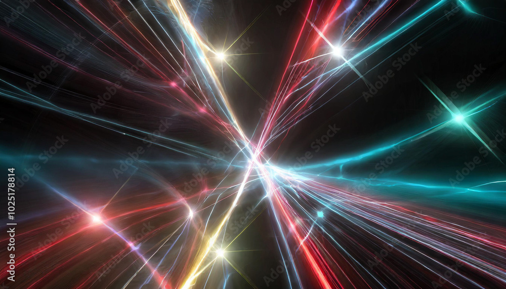 Poster colorful light bursts create dynamic patterns in a dark setting, showcasing vibrant illuminated line