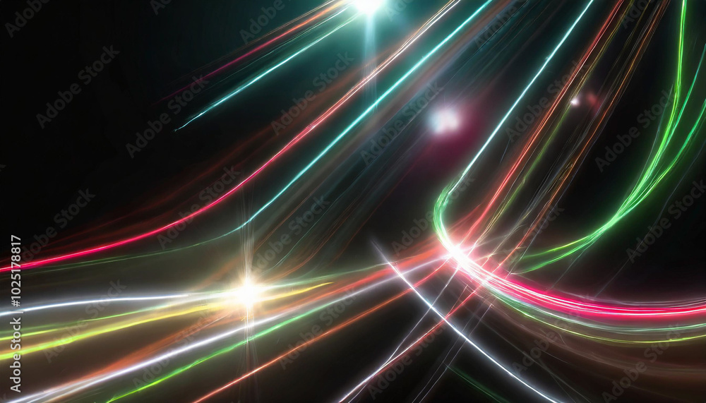 Poster colorful light trails create dynamic patterns against a dark background, showcasing motion and energ