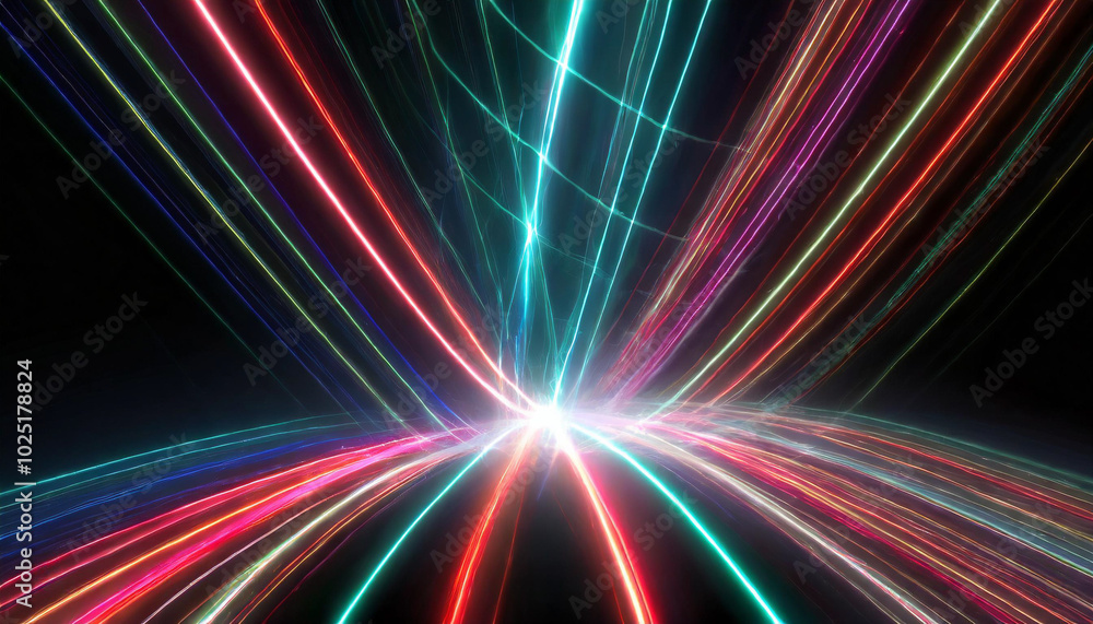 Poster colorful light rays converging in a dynamic burst against a dark background during a digital art dis