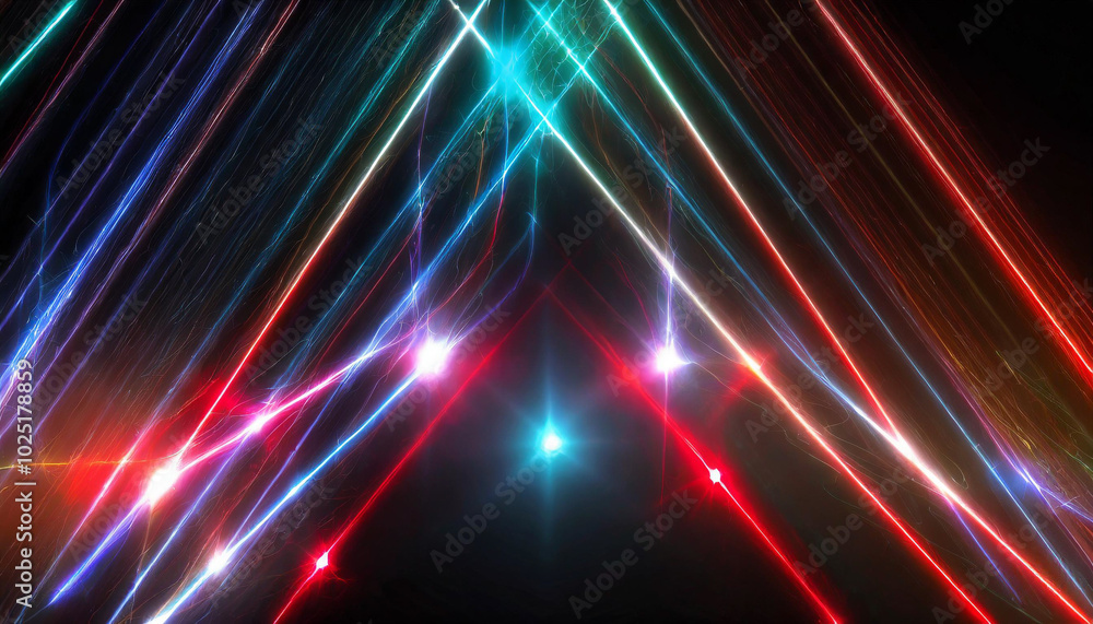 Poster vibrant light beams create a dynamic display of colors in a darkened atmosphere during a nighttime e