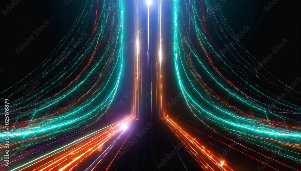 Poster vibrant abstract light trails create a dynamic visual experience with glowing lines converging in a 