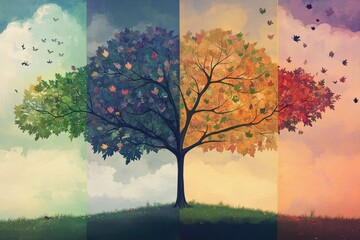 A tree with leaves in spring, summer, and autumn colors is depicted against the background of the four seasons. The concept shows that a single plant can grow through all weather