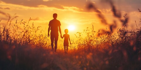 Fototapeta premium A man and child walk hand in hand in a field during sunset, highlighting a warm sense of bonding and trust.