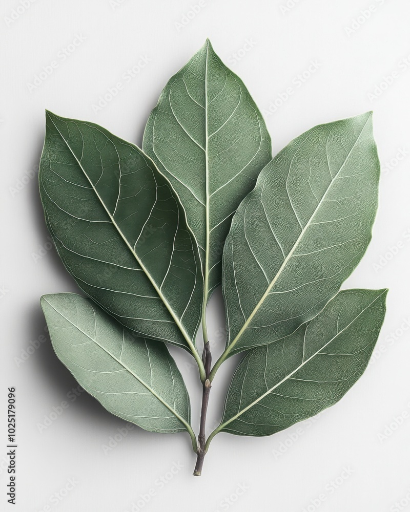 Wall mural a single bay leaf with a glossy surface and slightly curved edges, isolated on white background