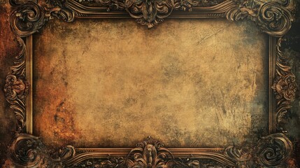 Vintage frame with elaborate design on distressed parchment texture.
