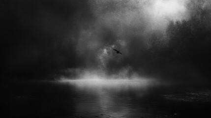 Fototapeta premium Silhouette of a Bird Flying Through Foggy Sky Over a Body of Water