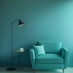 A sleek, minimalistic teal room with modern armchair and floor lamp, exuding contemporary style and comfort.