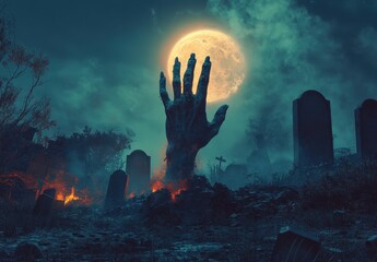 Obraz premium A zombie hand rising from the grave, with a full moon in the background, set in a foggy graveyard at night, surrounded by tombstones and ominous clouds. The image is photo-realistic in style.