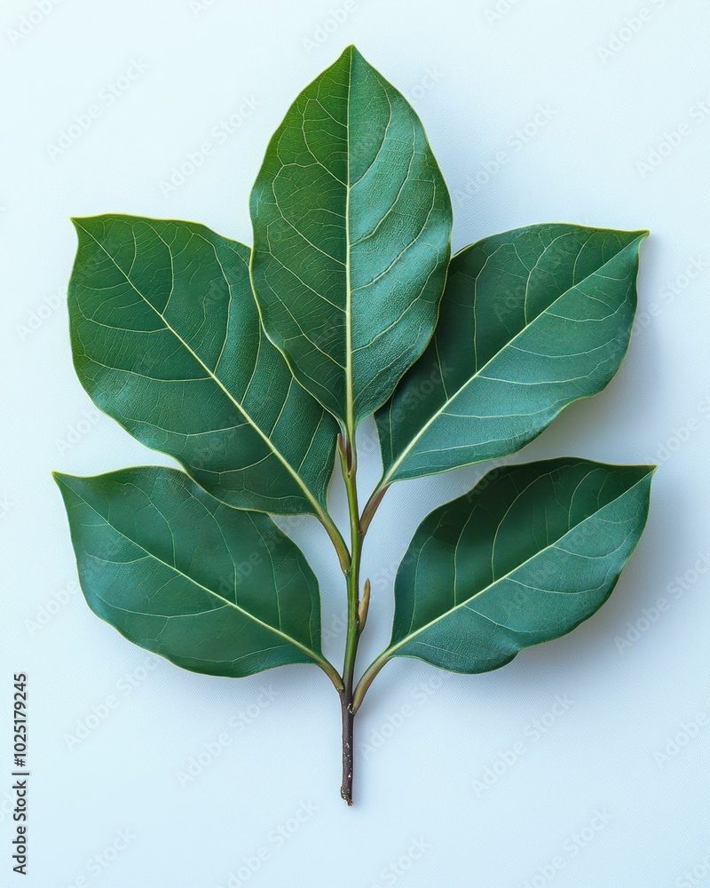 Wall mural a single bay leaf with a glossy surface and slightly curved edges, isolated on white background