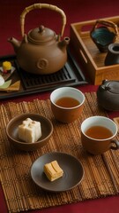 Traditional Japanese tea set with teapot, cups, and snacks arranged in a warm tea ceremony setting.
