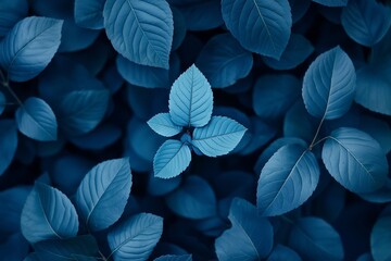 Detailed blue foliage with a single standout leaf draws attention, creating a striking visual centerpiece in the artwork.