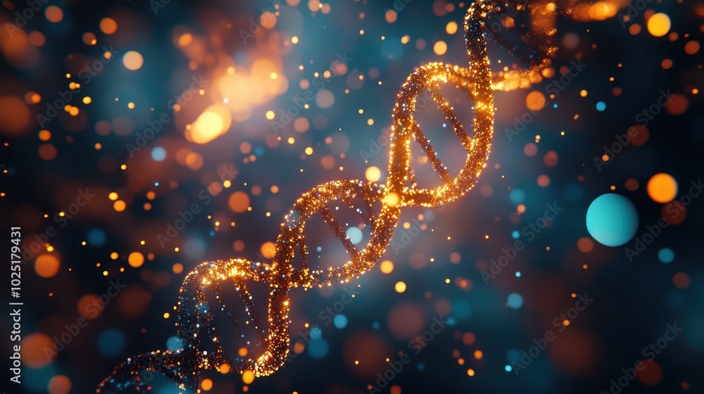 Poster abstract background with dna and glowing particles. 3d rendering of a double helix for a dslr camera