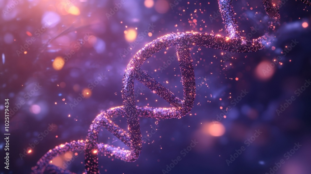 Fototapete abstract background with dna and glowing particles. 3d rendering of a double helix for a dslr camera