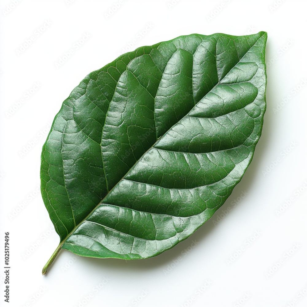 Wall mural a single ficus leaf with a glossy surface and slightly curled edges, isolated on white background