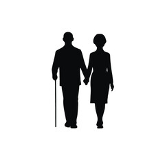 An elderly couple, a man and a woman, holding hands and walking together. The man is using a cane