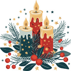 Christmas three candles are lit and surrounded by berries and leaves. The candles are red and blue, and the berries are red.
