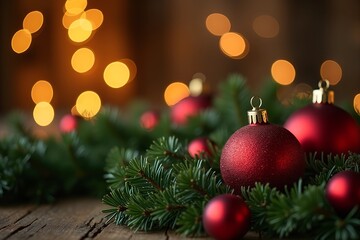 Cozy Christmas Scene with Pine Garland, Red Ornaments, and Fairy Lights on Rustic Table