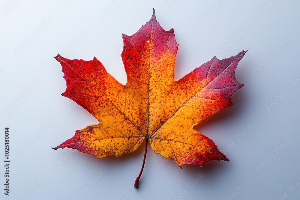 Wall mural a single maple leaf with intricate vein patterns, showing autumn colors in red and yellow, isolated 