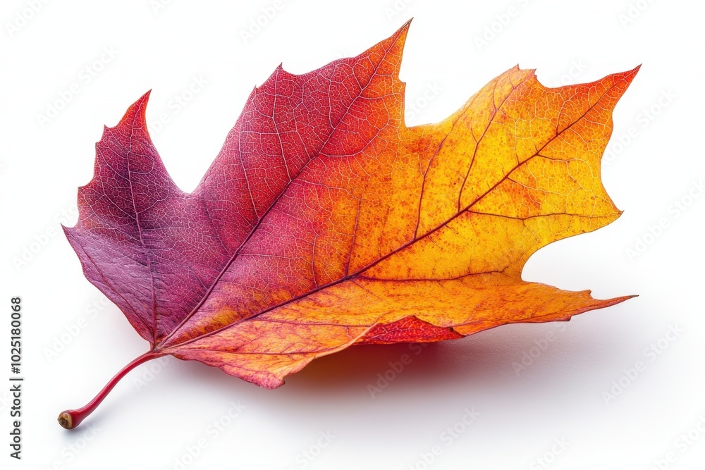 Wall mural a single maple leaf with intricate vein patterns, showing autumn colors in red and yellow, isolated 