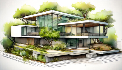 Architectural drawing of a modern private house with ecologically friendly landscaping, green trees are integrated into the structure, the building is integrated into the natural landscape