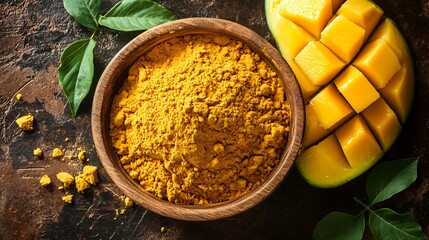 A wooden bowl filled with turmeric powder sits next to a fresh, diced mango on a rustic wooden background.