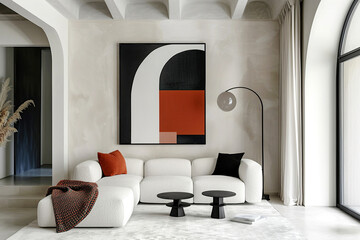 Minimalist, japandi style interior design of modern living room. Sectional sofa with black and red pillow near stucco wall with abstract art frame.