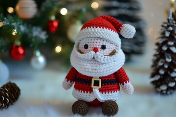 cute crochet Santa Clause character with Christmas tree in the background