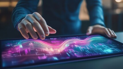 Businessman touching a virtual screen on a digital table with holographic waves and data visualization, office background. Digital tablet mockup close-up. Futuristic technology concept.