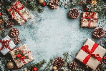 Christmas frame background with decoration, gift boxes and pine branches on white table top view