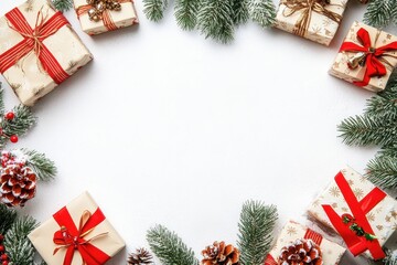 Christmas frame background with decoration, gift boxes and pine branches on white table top view