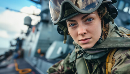Woman wearing military camouflage jacket, helmet and protective goggles, closeup portrait, blurred battleship in backgrounds. Female serving with marines. Generative AI