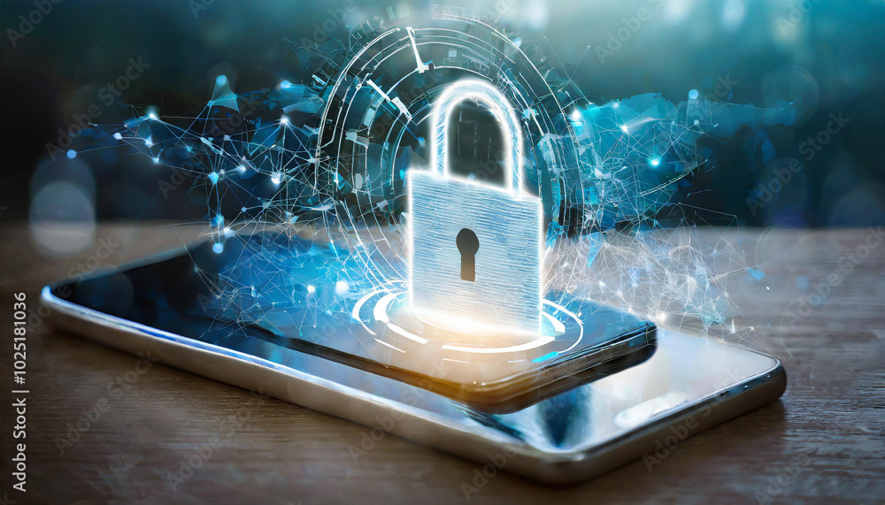 Poster secure smartphone technology showcasing a digital lock symbol in a high-tech environment during the 